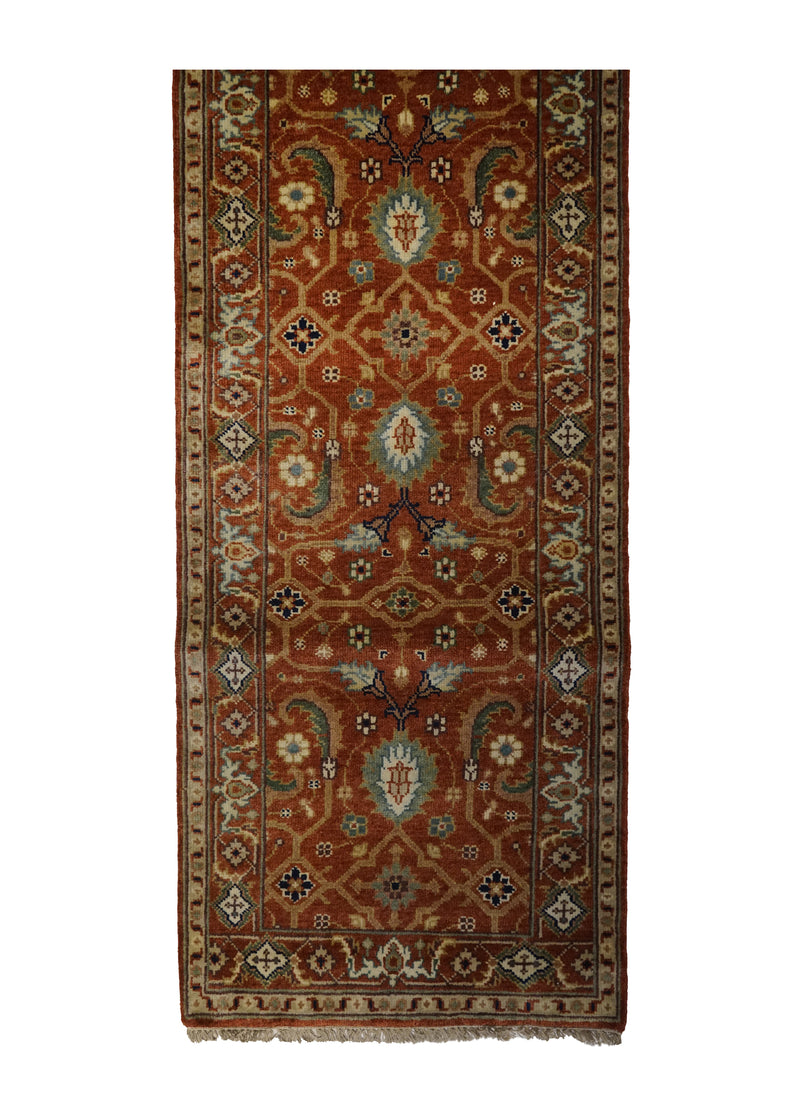 A31063 Oriental Rug Indian Handmade Runner Transitional Tribal 2'7'' x 8'1'' -3x8- Red Geometric Heriz Design