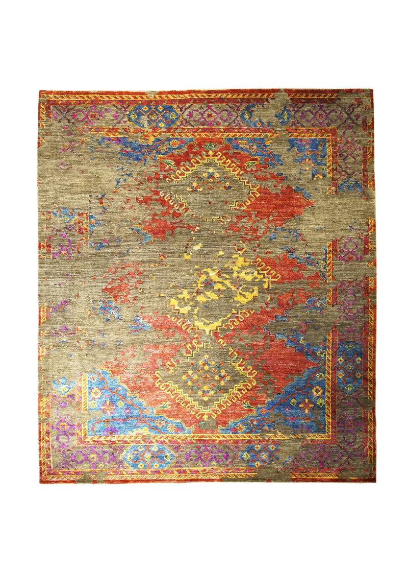 A31066 Oriental Rug Indian Handmade Area Transitional 8'2'' x 9'10'' -8x10- Gray Red Multi-color Geometric Erased Abstract Design