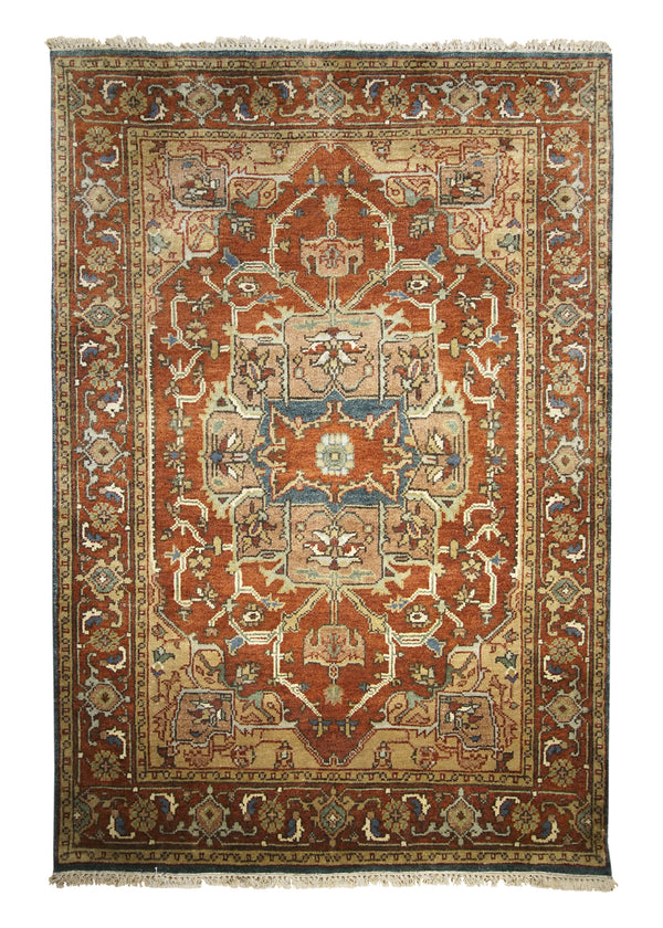 A31068 Oriental Rug Indian Handmade Area Transitional Tribal 4'1'' x 6'1'' -4x6- Red Geometric Heriz Design