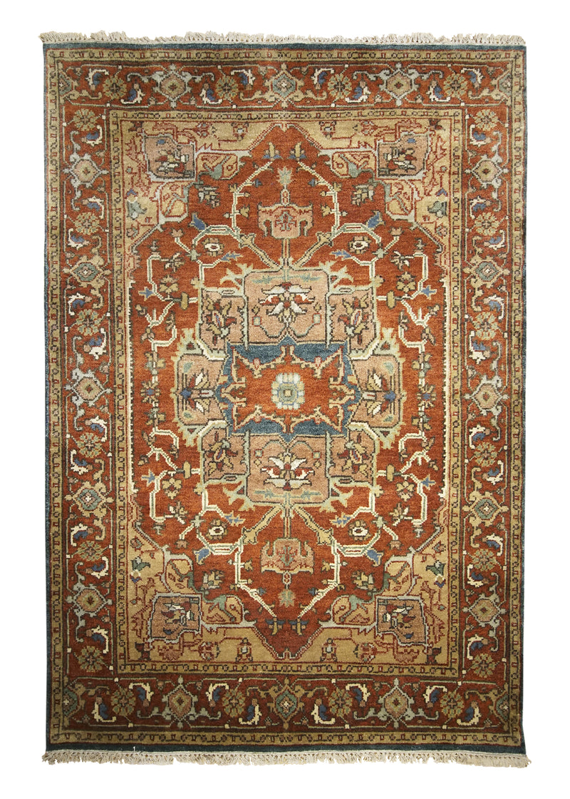 A31068 Oriental Rug Indian Handmade Area Transitional Tribal 4'1'' x 6'1'' -4x6- Red Geometric Heriz Design