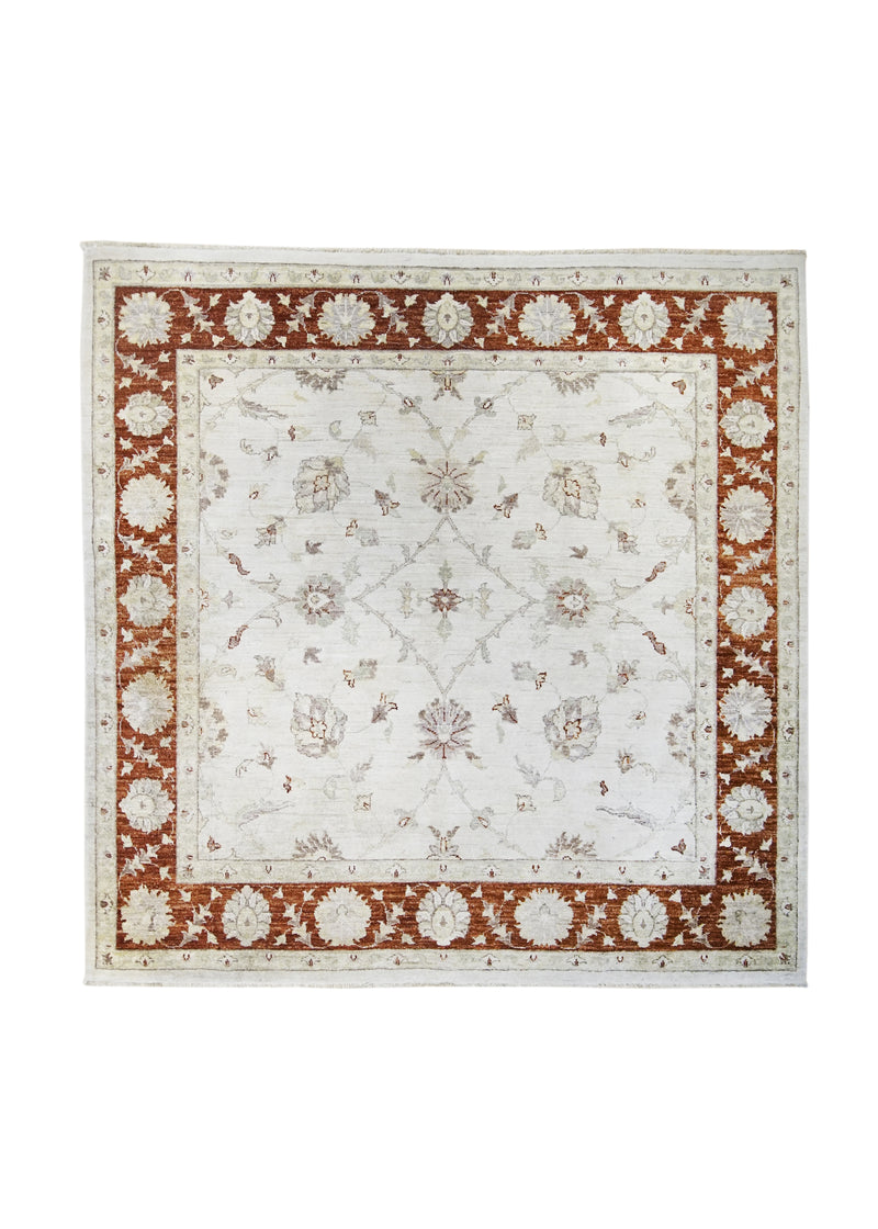 A31071 Oriental Rug Pakistani Handmade Square Transitional 6'7'' x 6'8'' -7x7- Whites Beige Red Antique Washed Oushak Floral Design