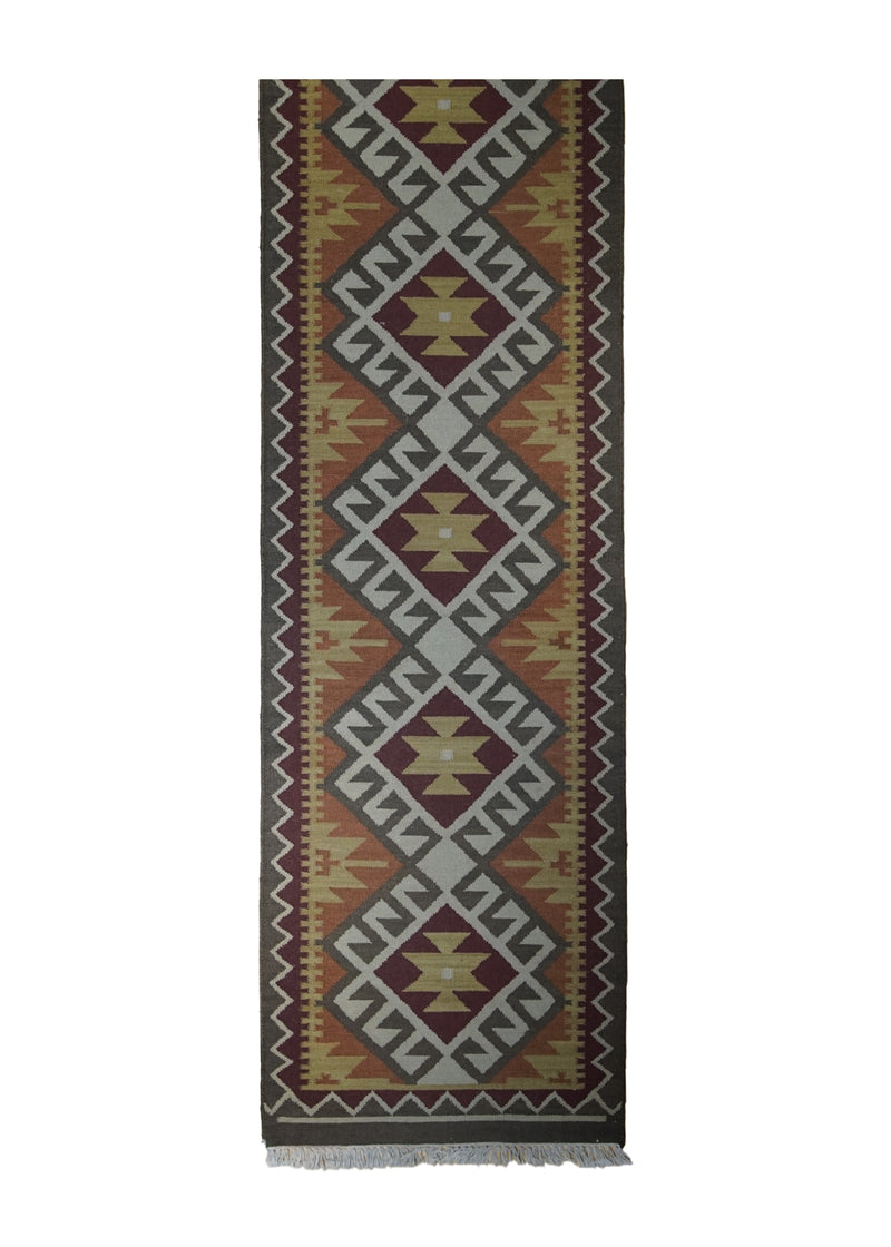 A31094 Oriental Rug Indian Handmade Runner Tribal 2'6'' x 9'11'' -3x10- Multi-color Green Dhurrie Tea Washed Geometric Design