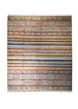 A31146 Oriental Rug Afghan Handmade Area Transitional 8'4'' x 9'5'' -8x9- Multi-color Red Khorjin Stripes Design