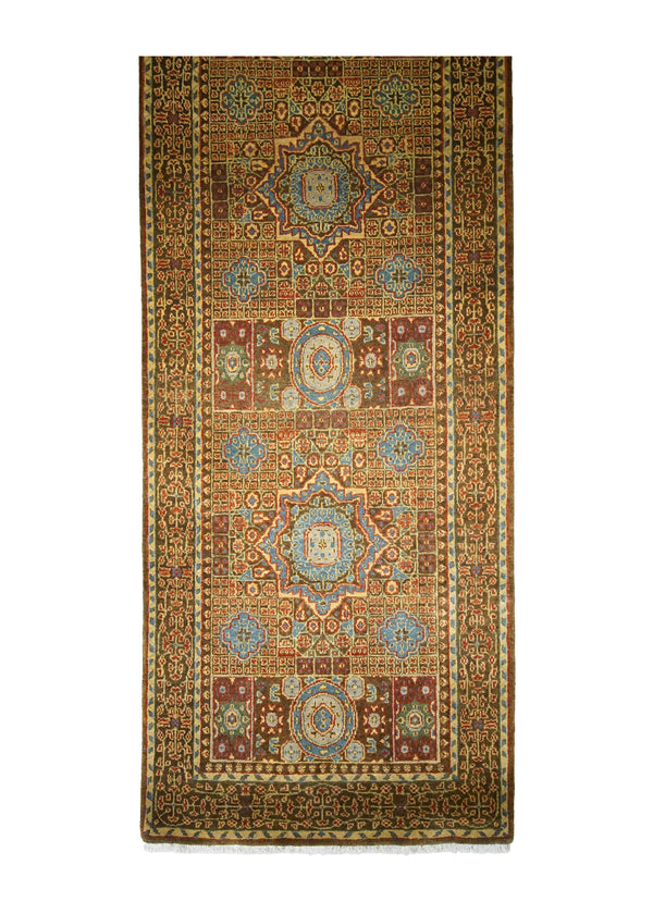 A31174 Oriental Rug Indian Handmade Runner Transitional Tribal 2'7'' x 8'11'' -3x9- Brown Green Mamluk Geometric Design