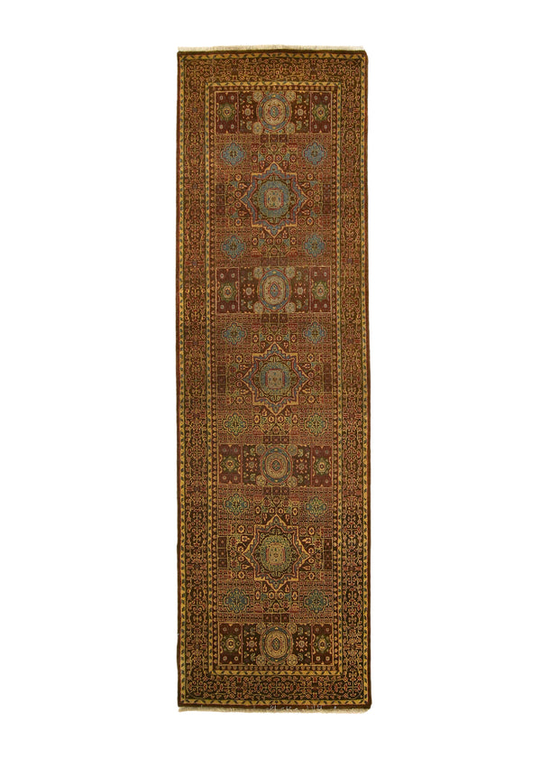 A31174 Oriental Rug Indian Handmade Runner Transitional Tribal 2'7'' x 8'11'' -3x9- Brown Green Mamluk Geometric Design.jpg