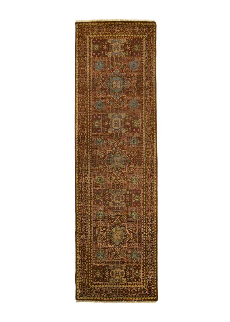 A31174 Oriental Rug Indian Handmade Runner Transitional Tribal 2'7'' x 8'11'' -3x9- Brown Green Mamluk Geometric Design.jpg