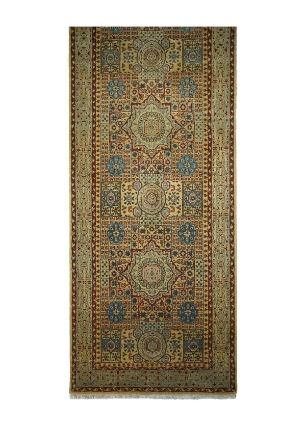 A31175 Oriental Rug Indian Handmade Runner Transitional Tribal 2'7'' x 12'4'' -3x12- Yellow Gold Green Mamluk Geometric Design