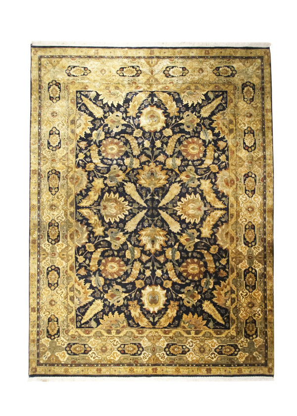 A31183 Oriental Rug Indian Handmade Area Transitional 8'10'' x 12'0'' -9x12- Black Yellow Gold Green Tea Washed Floral Design