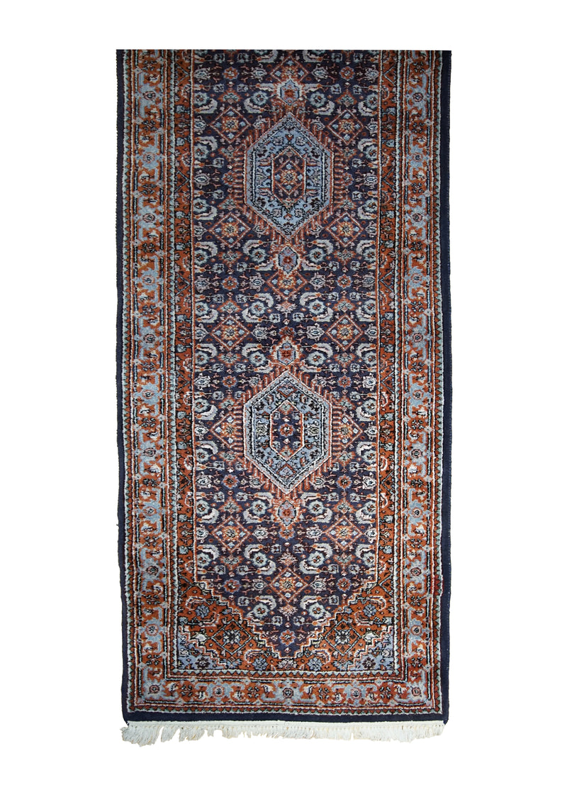 A31202 Oriental Rug Indian Handmade Runner Transitional 2'6'' x 11'11'' -3x12- Blue Red Herati Geometric Design