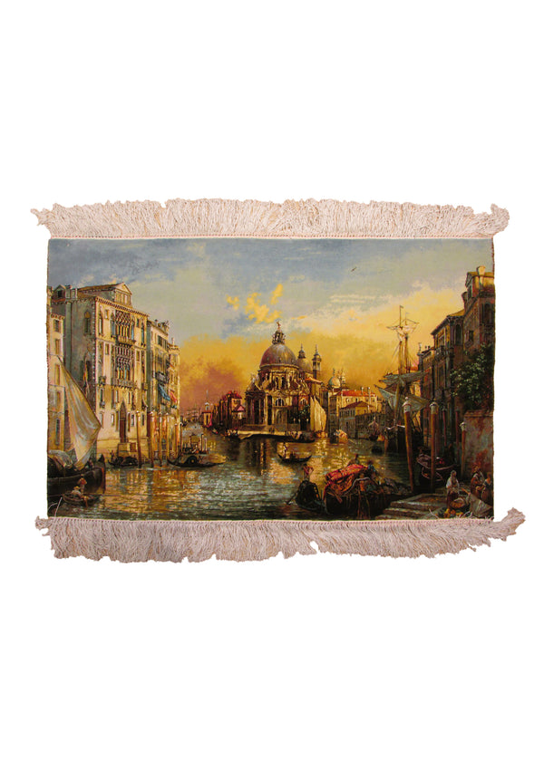 A31225 Persian Rug Tabriz Handmade Area Traditional 2'0'' x 3'11'' -2x4- Yellow Gold Blue Pictorial Design