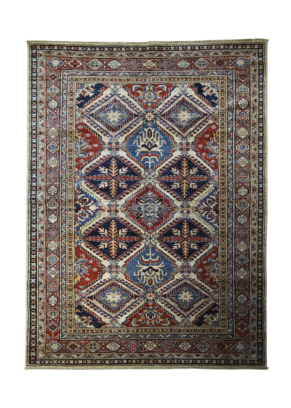 A31280 Oriental Rug Pakistani Handmade Area Transitional Tribal 4'11'' x 6'8'' -5x7- Whites Beige Red Blue Kazak Geometric Design