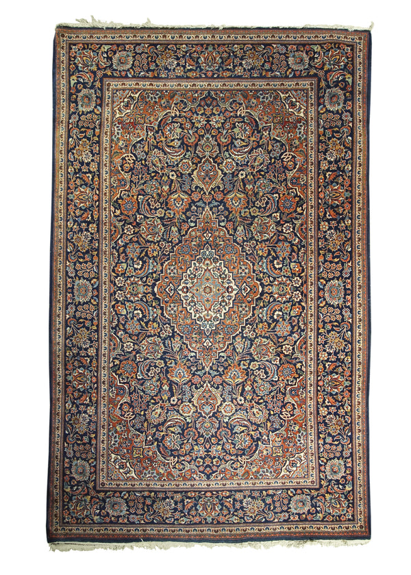 A31300 Persian Rug Kashan Handmade Area Traditional Antique 4'3'' x 6'8'' -4x7- Blue Red Toranj Mehrab Floral Design