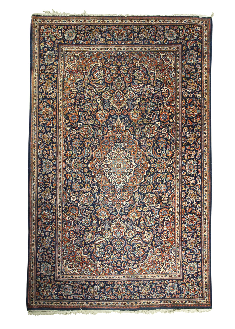 A31300 Persian Rug Kashan Handmade Area Traditional Antique 4'3'' x 6'8'' -4x7- Blue Red Toranj Mehrab Floral Design