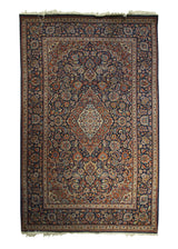 A31301 Persian Rug Kashan Handmade Area Traditional Antique 4'4'' x 6'8'' -4x7- Blue Red Toranj Mehrab Floral Design