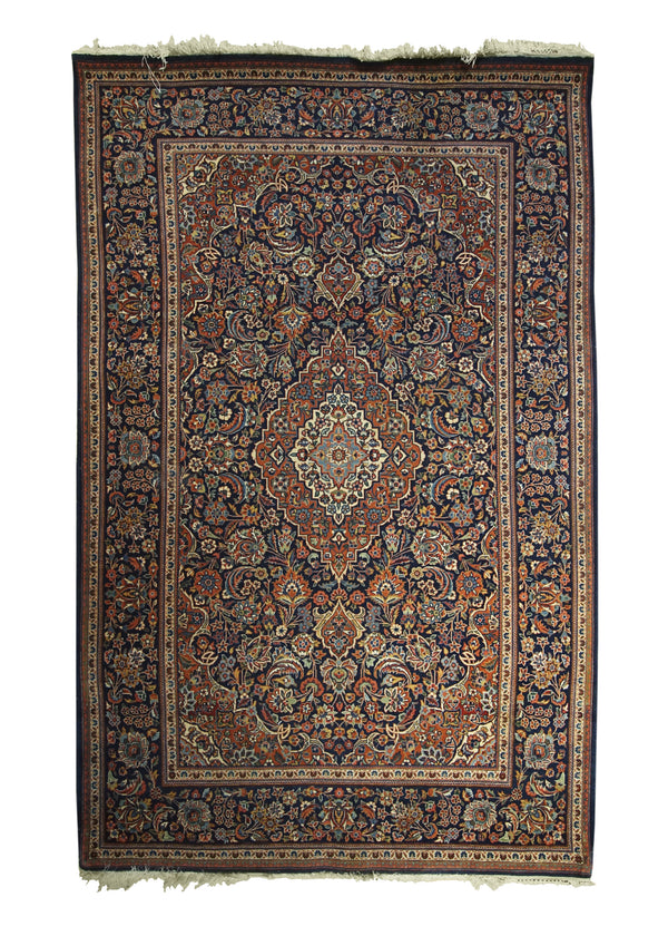 A31301 Persian Rug Kashan Handmade Area Traditional Antique 4'4'' x 6'8'' -4x7- Blue Red Toranj Mehrab Floral Design