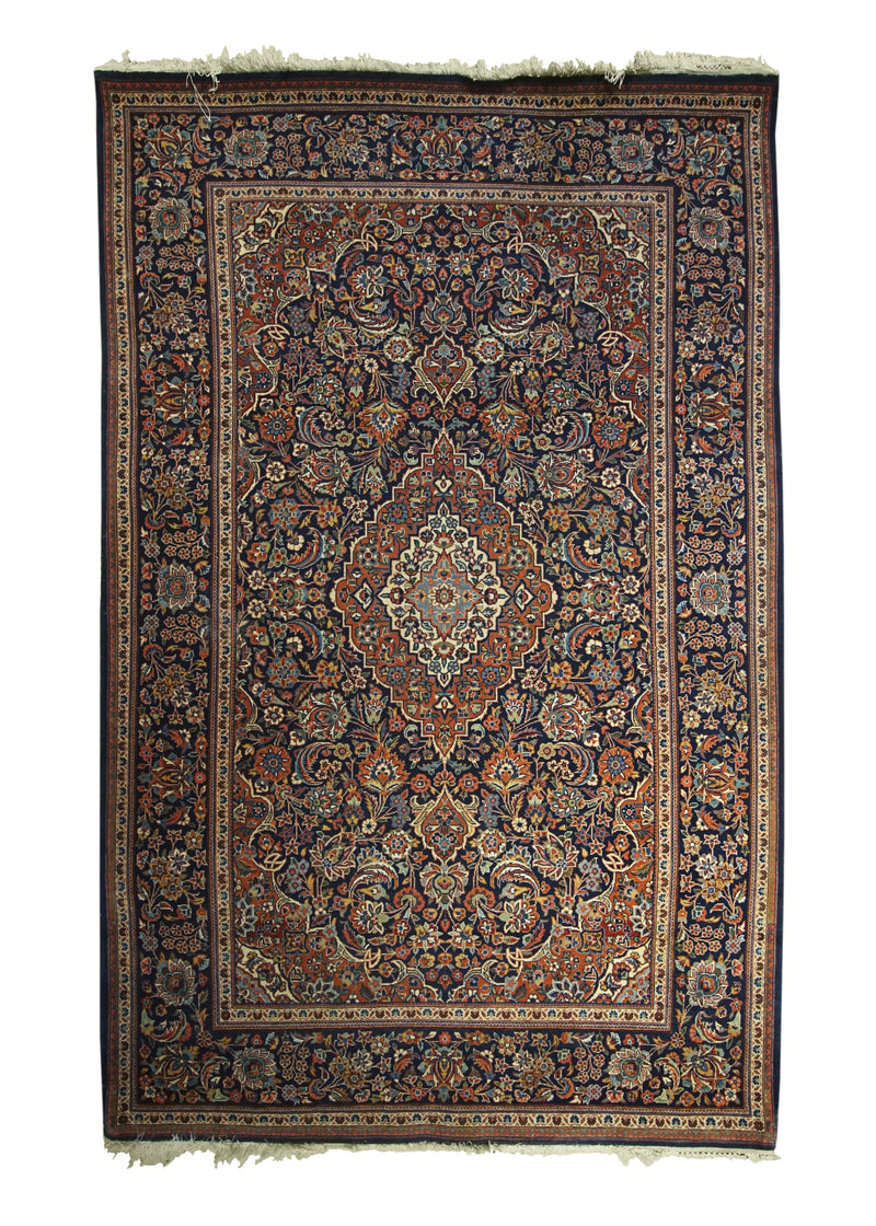 A31301 Persian Rug Kashan Handmade Area Traditional Antique 4'4'' x 6'8'' -4x7- Blue Red Toranj Mehrab Floral Design