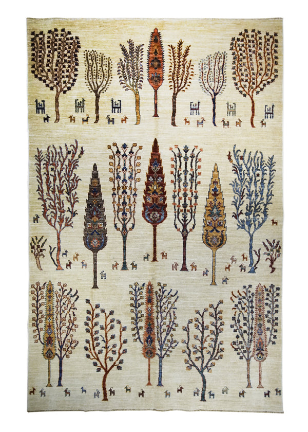 A31317 Oriental Rug Afghan Handmade Area Transitional Tribal 5'6'' x 8'5'' -6x8- Whites Beige Multi-color Tree of Life Lori Gabbeh Animals Design