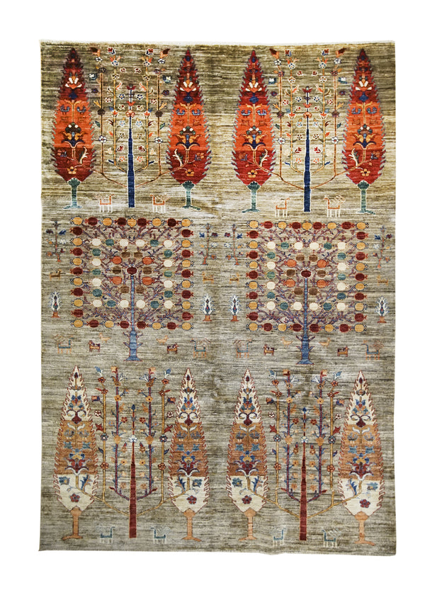 A31319 Oriental Rug Afghan Handmade Area Transitional Tribal 5'6'' x 7'11'' -6x8- Whites Beige Multi-color Tree of Life Lori Gabbeh Animals Design