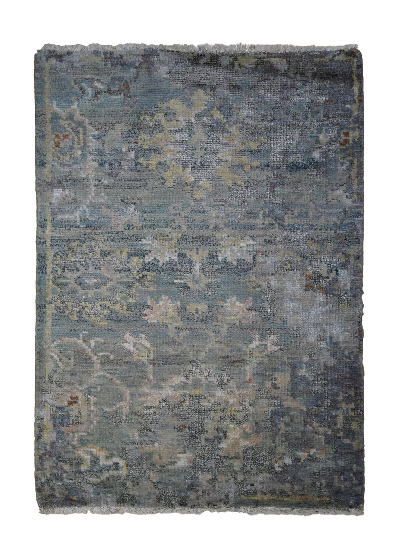 A31343 Oriental Rug Indian Handmade Area Transitional Modern 2'0'' x 3'0'' -2x3- Blue Gray Floral Erased Abstract Design