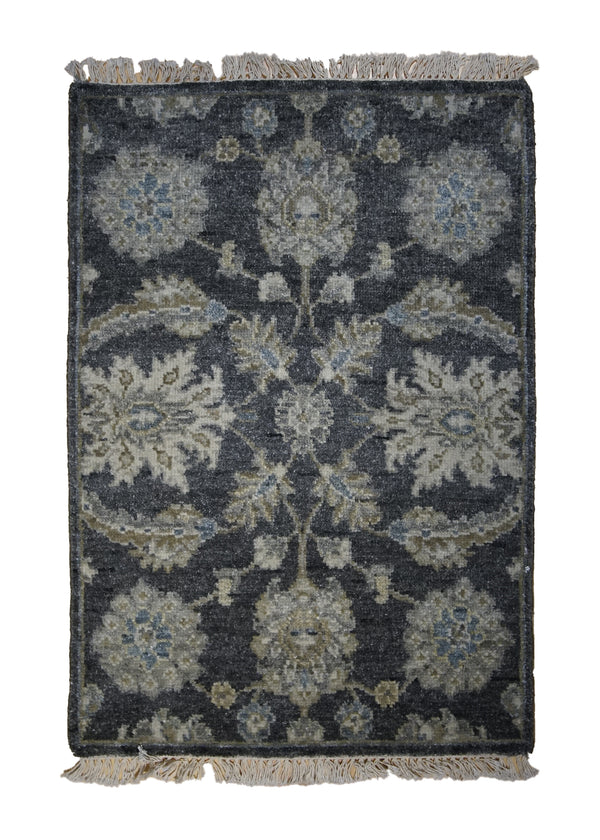 A31345 Oriental Rug Indian Handmade Area Transitional 2'0'' x 3'0'' -2x3- Gray Blue Floral Oushak Erased Abstract Design