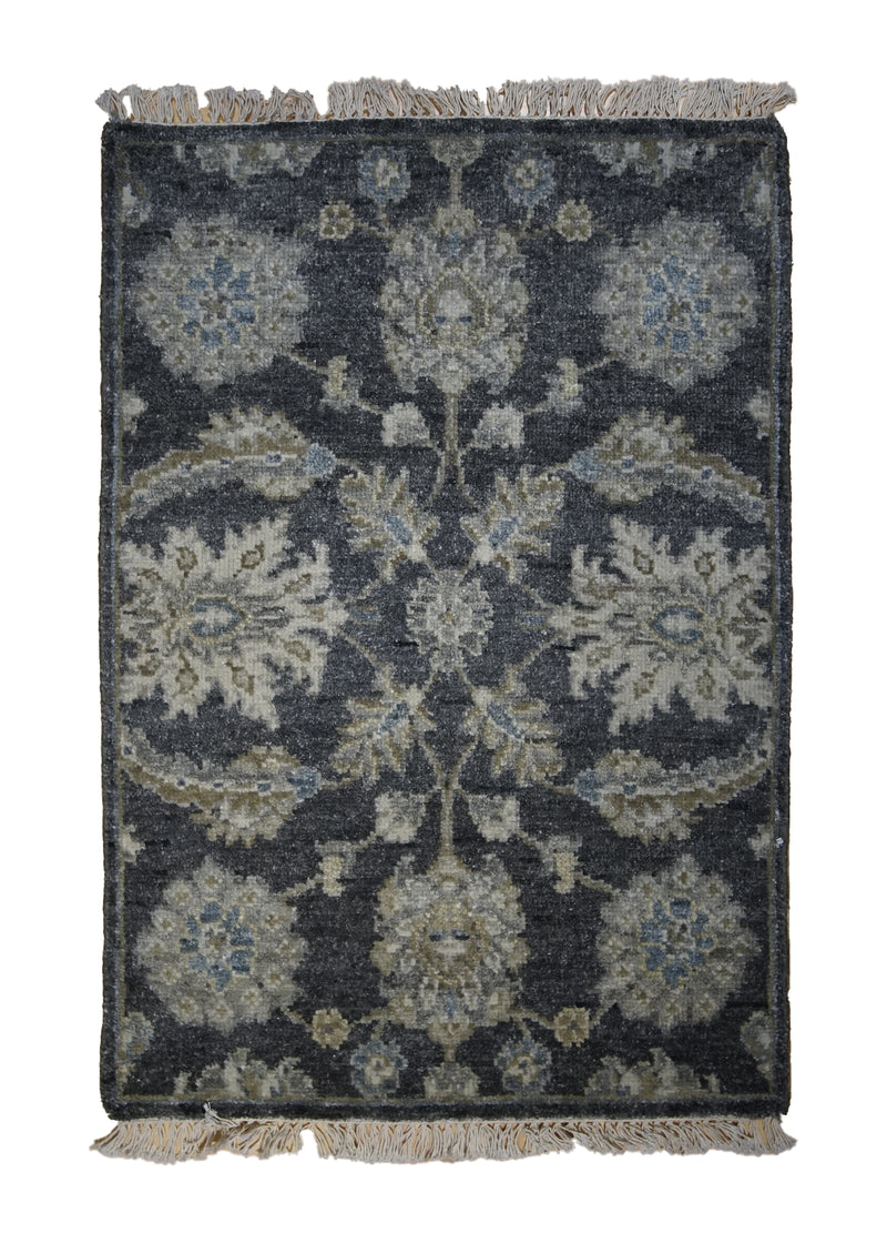A31345 Oriental Rug Indian Handmade Area Transitional 2'0'' x 3'0'' -2x3- Gray Blue Floral Oushak Erased Abstract Design