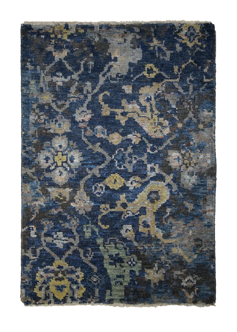 A31346 Oriental Rug Indian Handmade Area Transitional 2'0'' x 3'0'' -2x3- Blue Yellow Gold Floral Erased Abstract Design