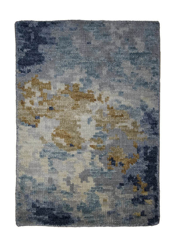 A31351 Oriental Rug Indian Handmade Area Modern 2'0'' x 3'0'' -2x3- Blue Whites Beige Yellow Gold Splatter Abstract Design