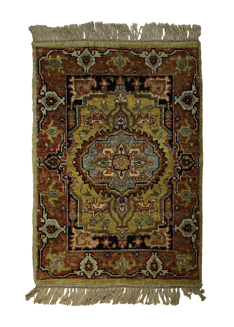 A31371 Oriental Rug Indian Handmade Area Transitional Tribal 2'0'' x 3'0'' -2x3- Yellow Gold Red Black Geometric Serapi Design