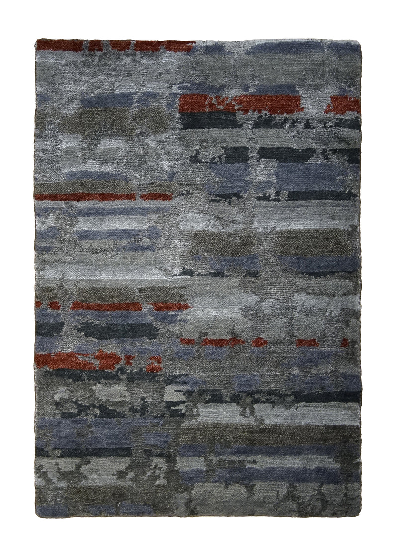 A31385 Oriental Rug Indian Handmade Area Modern 2'0'' x 3'0'' -2x3- Gray Blue Red Erased Stripes Abstract Design