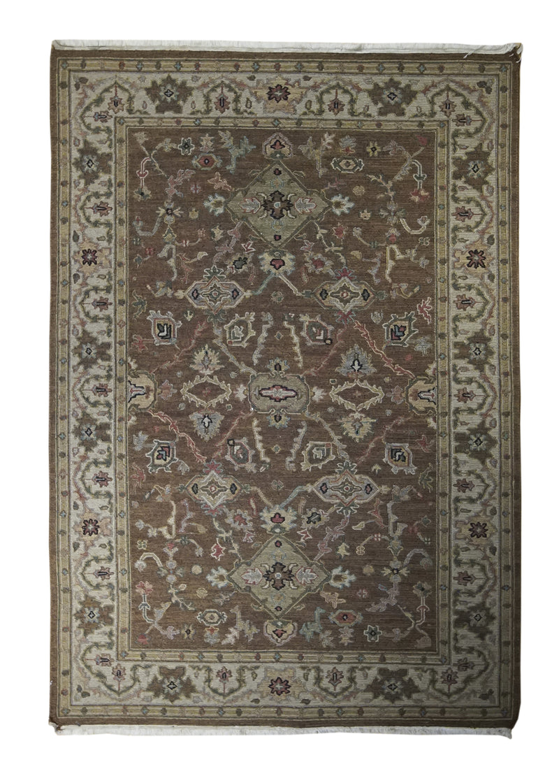 A31393 Oriental Rug Indian Handmade Area Transitional 4'1'' x 6'1'' -4x6- Brown Whites Beige Blue Soumak Geometric Design