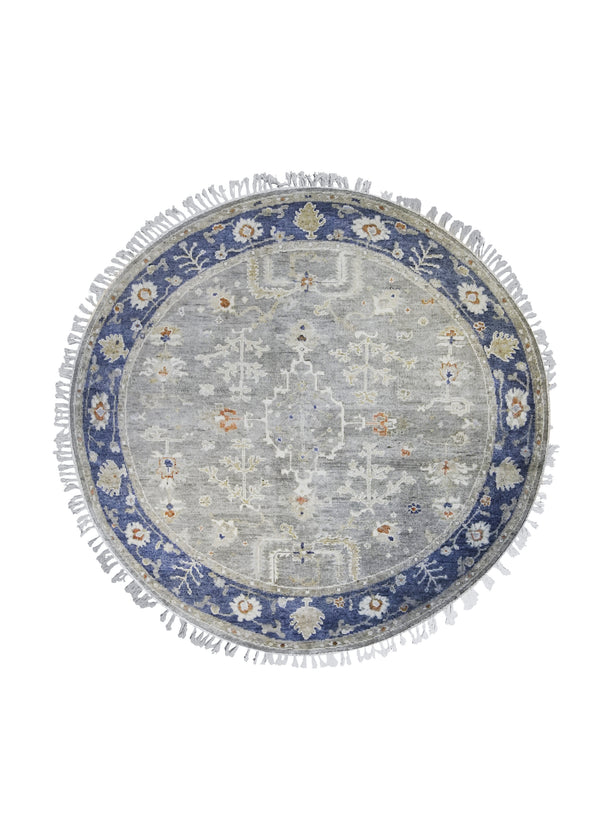 A31417 Oriental Rug Indian Handmade Round Transitional 5'12'' x 6'0'' -6x6- Gray Blue Whites Beige Geometric Oushak Design