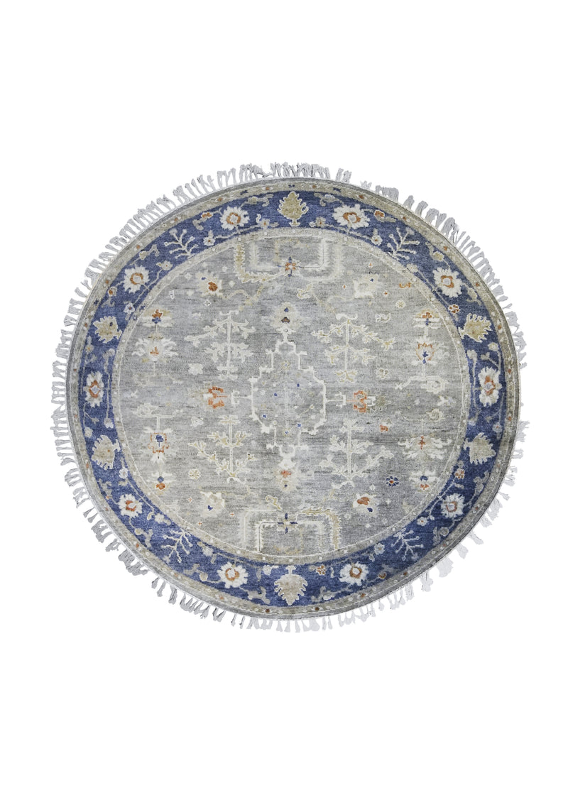 A31417 Oriental Rug Indian Handmade Round Transitional 5'12'' x 6'0'' -6x6- Gray Blue Whites Beige Geometric Oushak Design