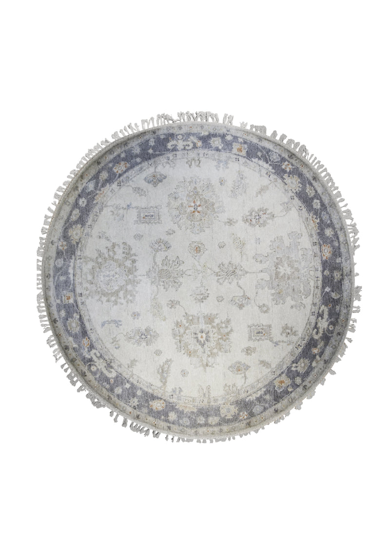A31443 Oriental Rug Indian Handmade Round Transitional Neutral 5'12'' x 6'0'' -6x6- Gray Whites Beige Floral Oushak Design