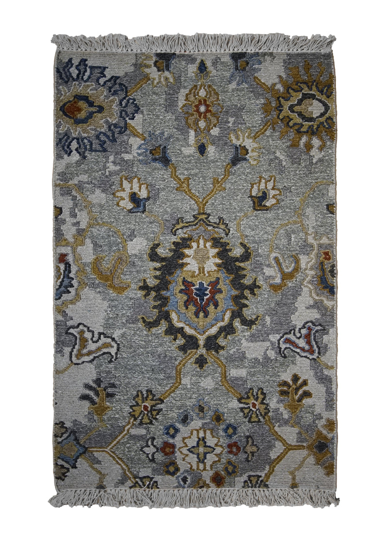 A31452 Oriental Rug Indian Handmade Area Transitional 2'0'' x 3'0'' -2x3- Blue Yellow Gold Floral Oushak Soumak Design