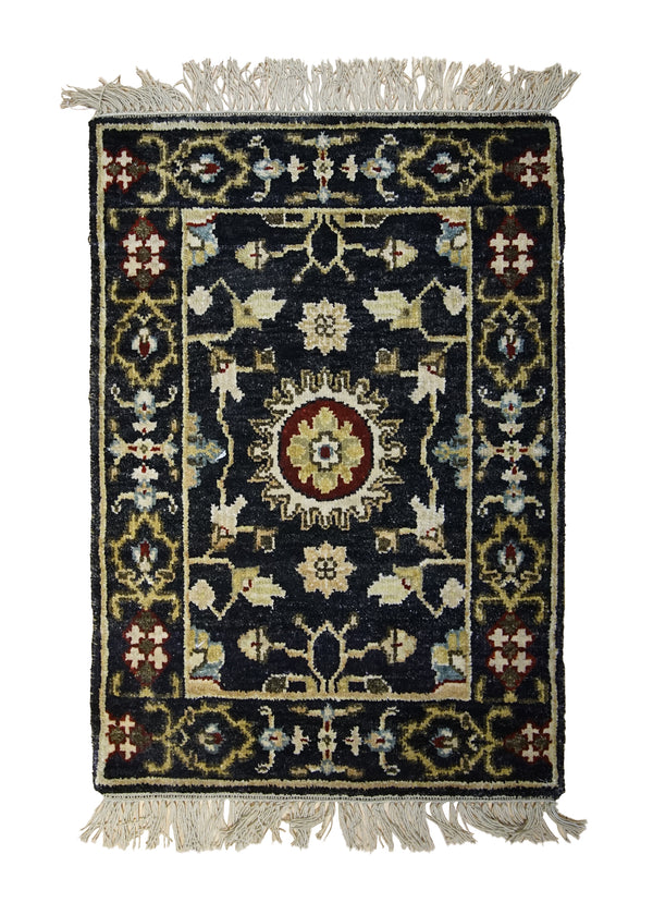 A31509 Oriental Rug Indian Handmade Area Transitional 2'0'' x 3'0'' -2x3- Black Yellow Gold Floral Design
