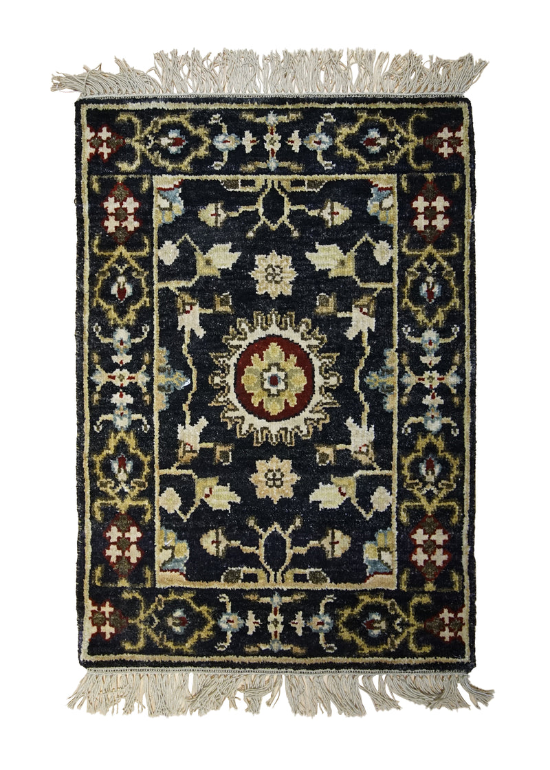 A31509 Oriental Rug Indian Handmade Area Transitional 2'0'' x 3'0'' -2x3- Black Yellow Gold Floral Design
