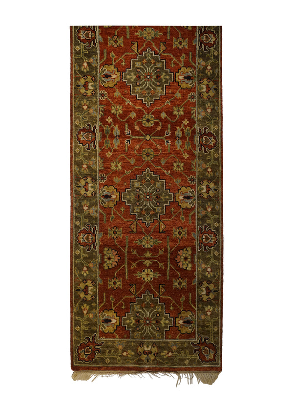 A31515 Oriental Rug Indian Handmade Runner Transitional 2'7'' x 7'11'' -3x8- Red Brown Geometric Design