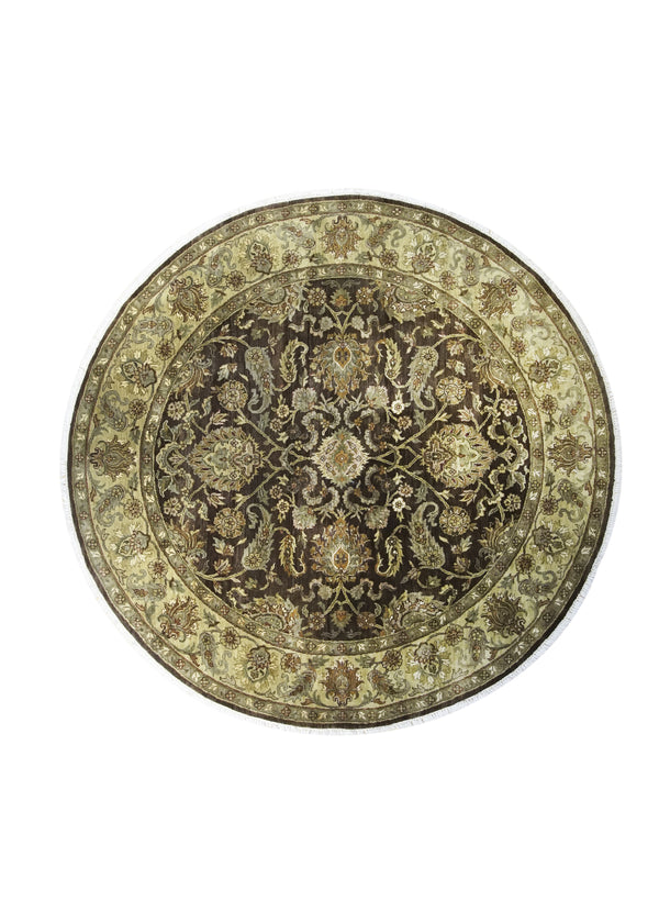 A31519 Oriental Rug Indian Handmade Round Transitional 7'11'' x 7'11'' -8x8- Brown Green Tea Washed Floral Design