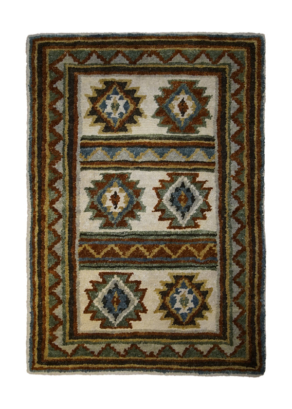 A31548 Oriental Rug Indian Handmade Area Transitional 2'0'' x 3'0'' -2x3- Brown Green Red Geometric Design