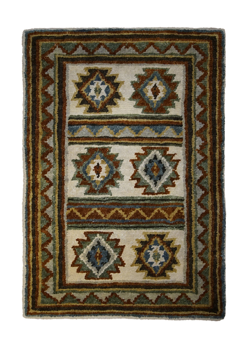 A31548 Oriental Rug Indian Handmade Area Transitional 2'0'' x 3'0'' -2x3- Brown Green Red Geometric Design