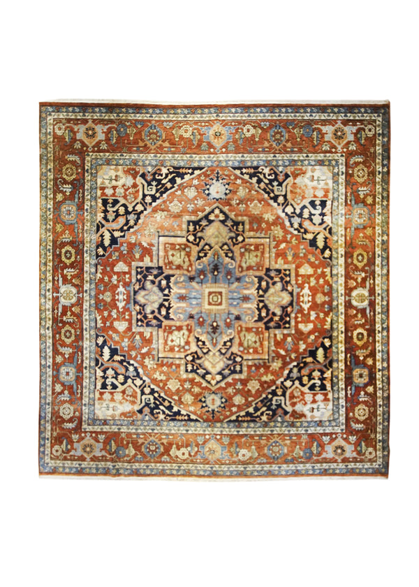 A31557 Oriental Rug Indian Handmade Square Transitional Tribal 11'9'' x 12'6'' -12x13- Red Heriz Geometric Design