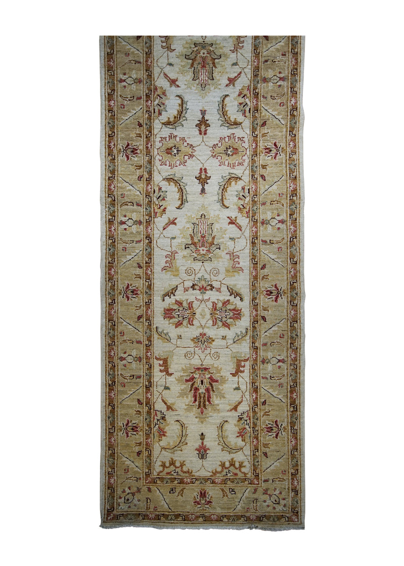 A31563 Oriental Rug Pakistani Handmade Runner Transitional 2'9'' x 9'2'' -3x9- Whites Beige Yellow Gold Antique Washed Oushak Floral Design