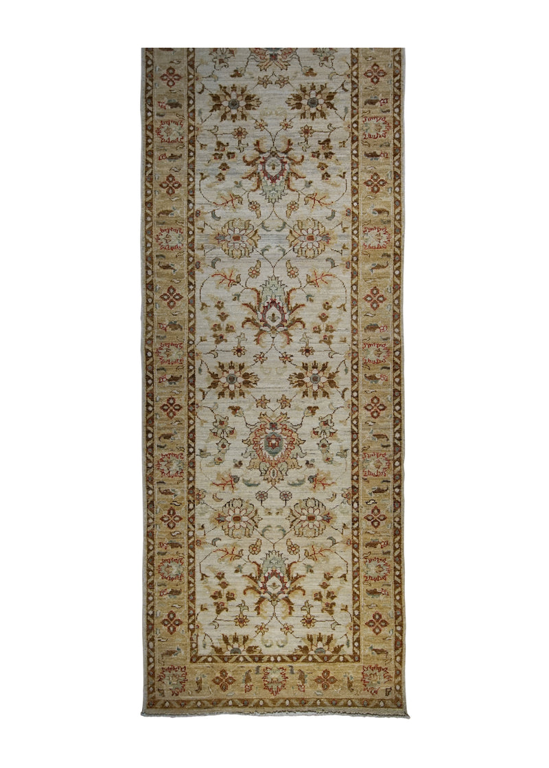 A31567 Oriental Rug Pakistani Handmade Runner Transitional 2'7'' x 9'4'' -3x9- Whites Beige Yellow Gold Antique Washed Oushak Floral Design