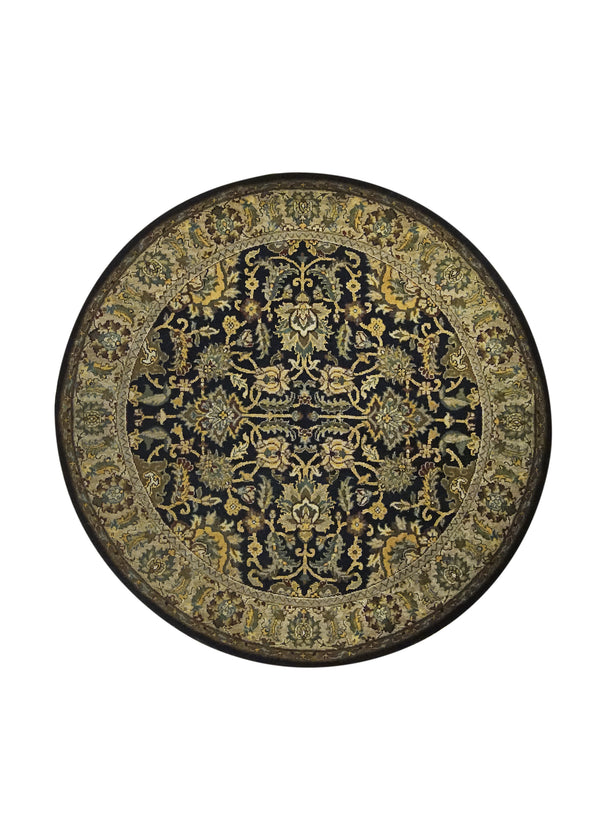 A31627 Oriental Rug Indian Handmade Round Transitional 4'12'' x 5'0'' -5x5- Black Yellow Gold Green Tea Washed Floral Design