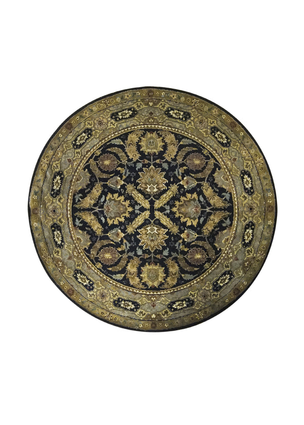 A31628 Oriental Rug Indian Handmade Round Transitional 4'12'' x 5'1'' -5x5- Black Yellow Gold Green Tea Washed Floral Design