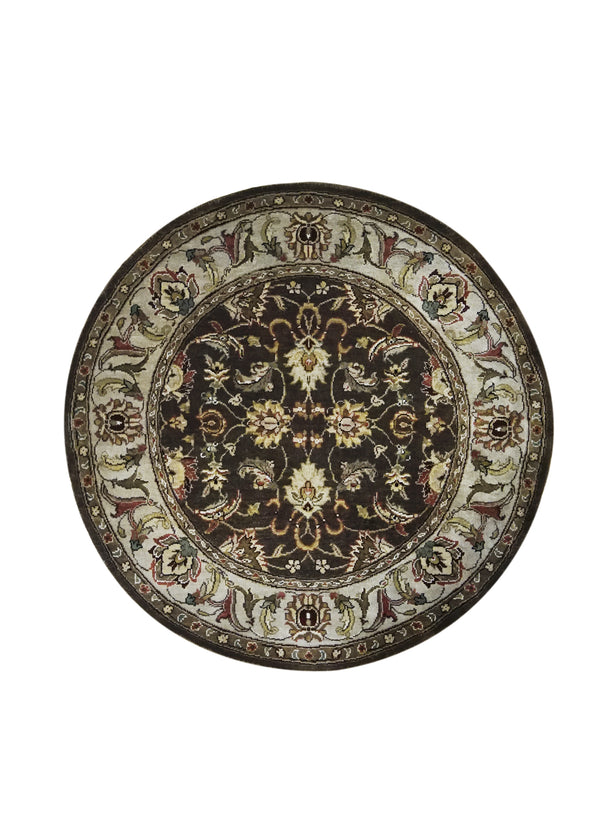 A31629 Oriental Rug Indian Handmade Round Transitional 4'0'' x 4'0'' -4x4- Brown Green Tea Washed Floral Design
