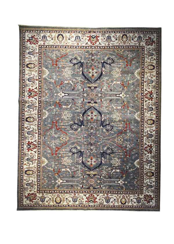 A31741 Oriental Rug Pakistani Handmade Area Transitional Tribal 8'10'' x 11'8'' -9x12- Gray Whites Beige Serapi Geometric Design