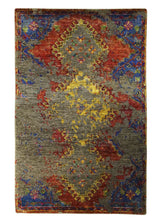 A31794 Oriental Rug Indian Handmade Area Transitional Modern 4'0'' x 6'1'' -4x6- Red Brown Multi-color Geometric Erased Abstract Design