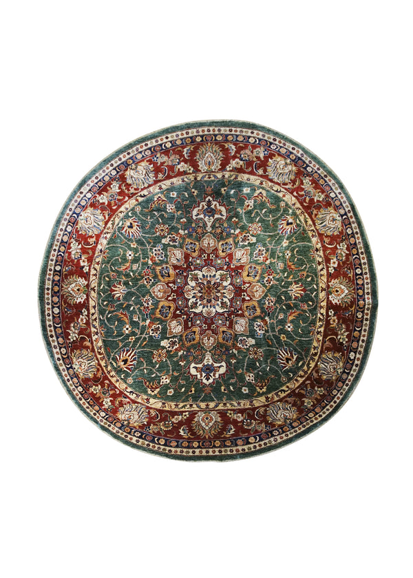 A31840 Oriental Rug Pakistani Handmade Round Traditional 9'9'' x 9'9'' -10x10- Green Red Chobi Geometric Design