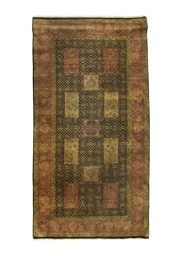 A31846 Oriental Rug Indian Handmade Runner Transitional 5'0'' x 9'8'' -5x10- Black Red Green Tea Washed Floral Design.jpg